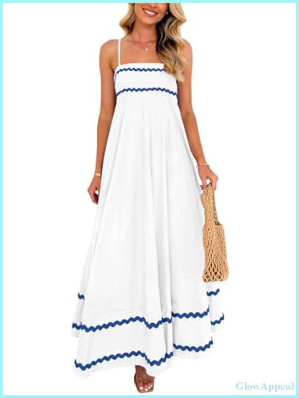 Women's Spaghetti Strap Boho Maxi Dress Square Neck A-Line Sleeveless Sundress